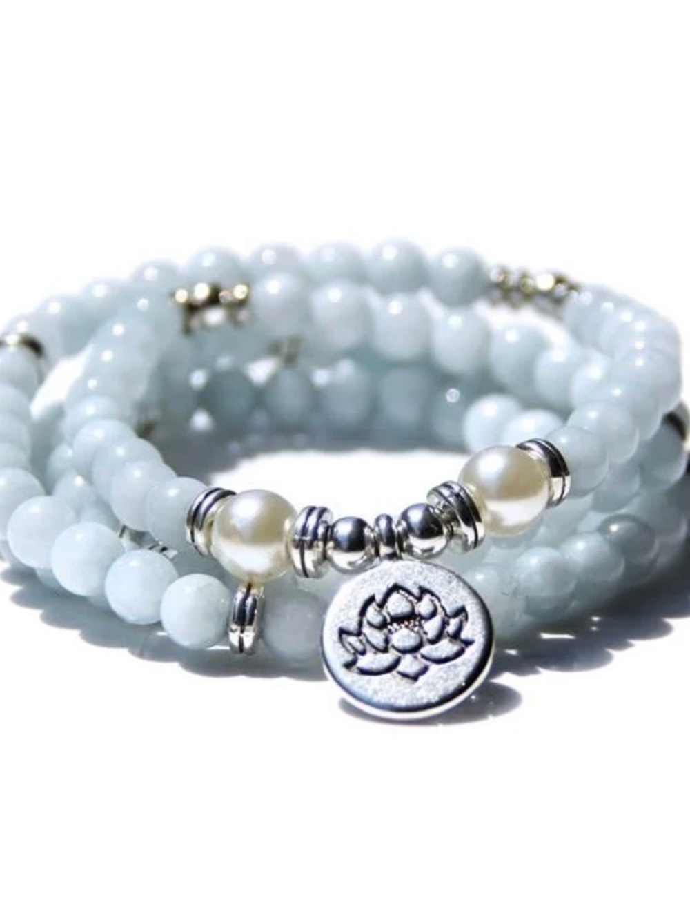 Light Aquamarine Mala Beaded Lotus Charm Wrap Bracelet with Pearl Accents